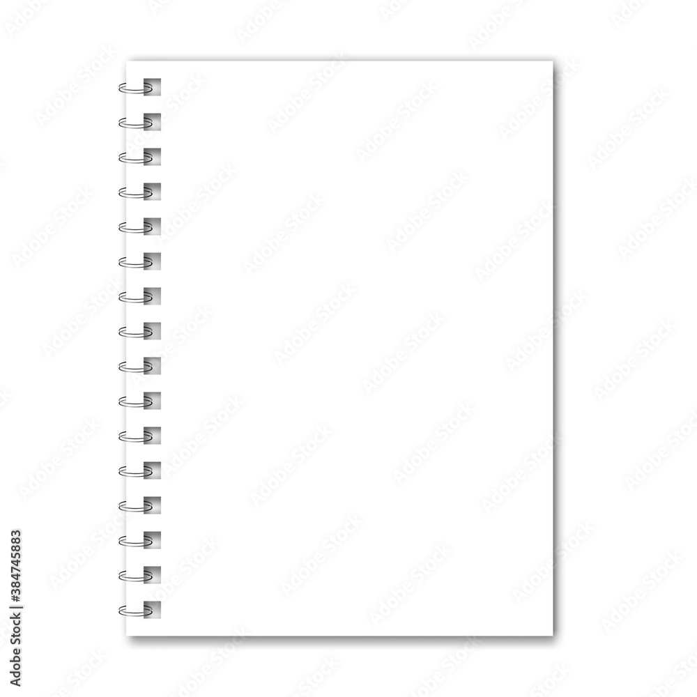 Notebook mockup with spiral. White notepad.  Clear notepad front page or clean page with shadow. Vector illustration EPS10