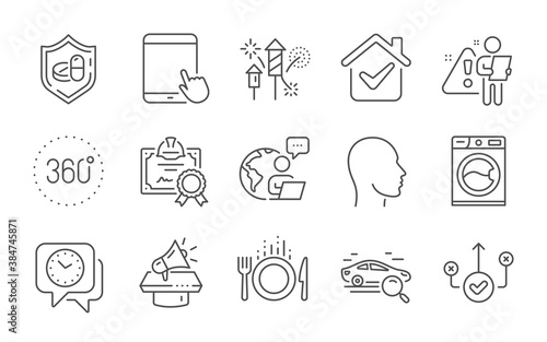 360 degrees, Megaphone and Head line icons set. Certificate, Clock and Tablet pc signs. Washing machine, Search car and Food symbols. Fireworks rocket, Correct way and Medical tablet. Vector