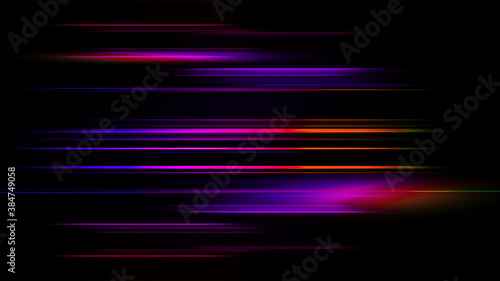 Glowing blurred light stripes in motion over on abstract background. Colorful rays. Led Light. Future tech. Shine dynamic scene. Neon flare. Magic moving fast lines. Glowing wallpaper. 