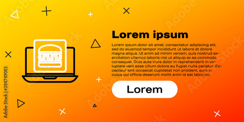 Line Online ordering and burger delivery icon isolated on yellow background. Colorful outline concept. Vector.