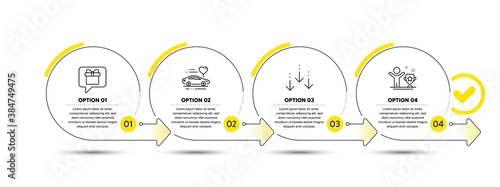 Wish list, Scroll down and Honeymoon travel line icons set. Timeline process infograph. Winner cup sign. Present box, Swipe screen, Car trip. Champion. Business set. Vector