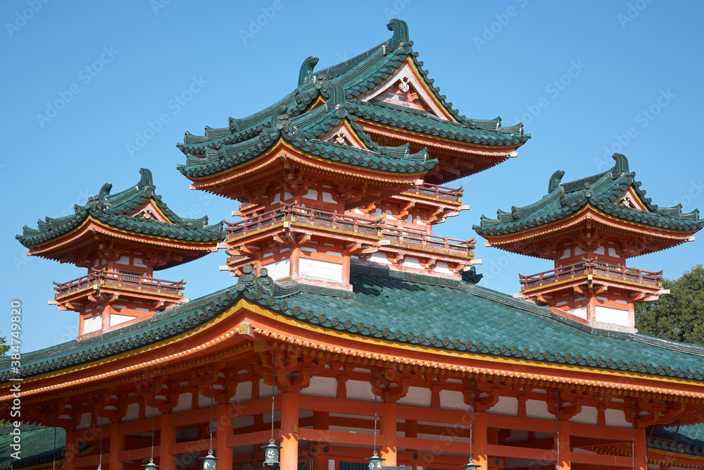 The blue-green curved roofs of Byakko-ro Tower at  Heian-jingu Shrine. Kyoto. Japan