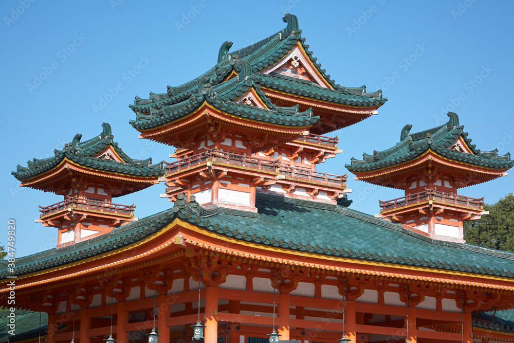 The blue-green curved roofs of Byakko-ro Tower at Heian-jingu Shrine. Kyoto. Japan The blue-green curved roofs of Byakko-ro Tower at Heian-jingu Shrine. Kyoto. Japan