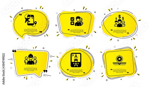 Flight destination, Engineering team and Salary employees icons simple set. Yellow speech bubbles with dotwork effect. Crane claw machine, Opinion and No sun signs. Vector