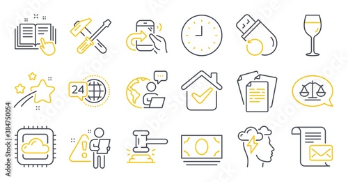 Set of Business icons, such as Hammer tool, Documents, Mail letter symbols. Technical documentation, Justice scales, 24h service signs. Judge hammer, Clock, Share call. Mindfulness stress. Vector