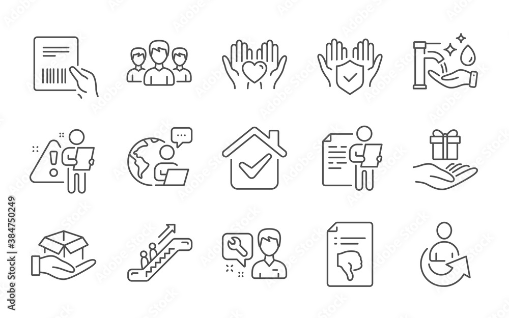 Hold heart, Job interview and Group line icons set. Insurance hand, Thumb down and Repairman signs. Loyalty program, Share and Escalator symbols. Parcel invoice, Washing hands and Hold box. Vector Hold heart, Job interview and Group line icons set. Insurance hand, Thumb down and Repairman signs. Loyalty program, Share and Escalator symbols. Parcel invoice, Washing hands and Hold box. Vector