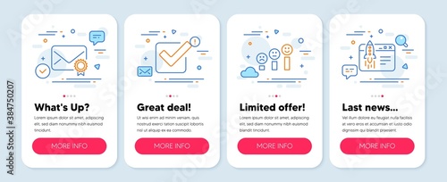 Set of Education icons, such as Verified mail, Checkbox, Customer satisfaction symbols. Mobile app mockup banners. Start business line icons. Confirmed e-mail, Approved tick, Happy smile chart. Vector