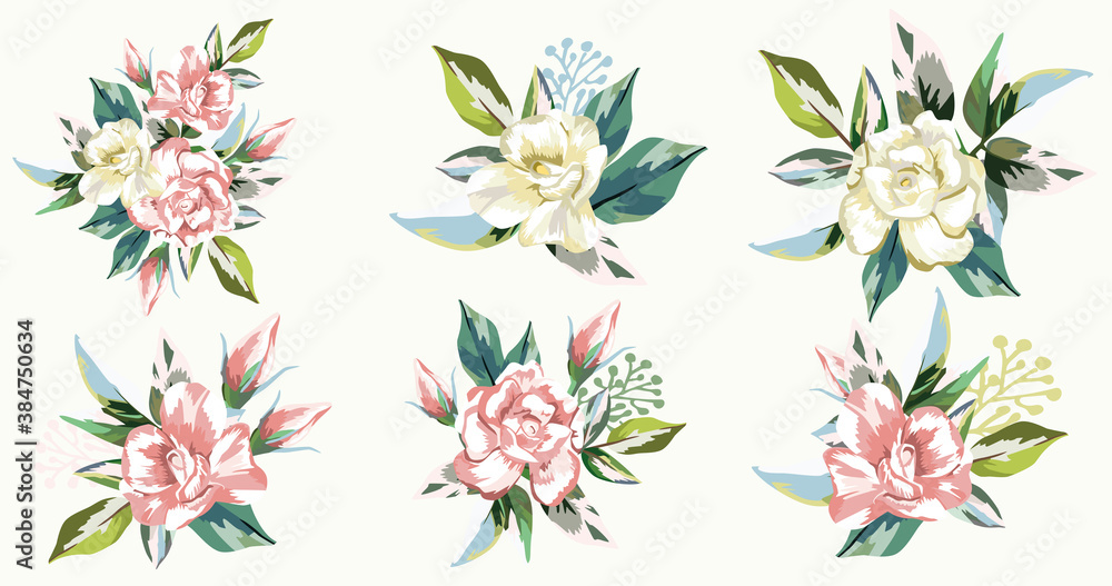 Set of vector bouquets of pink and cream roses framed green leaves on white background