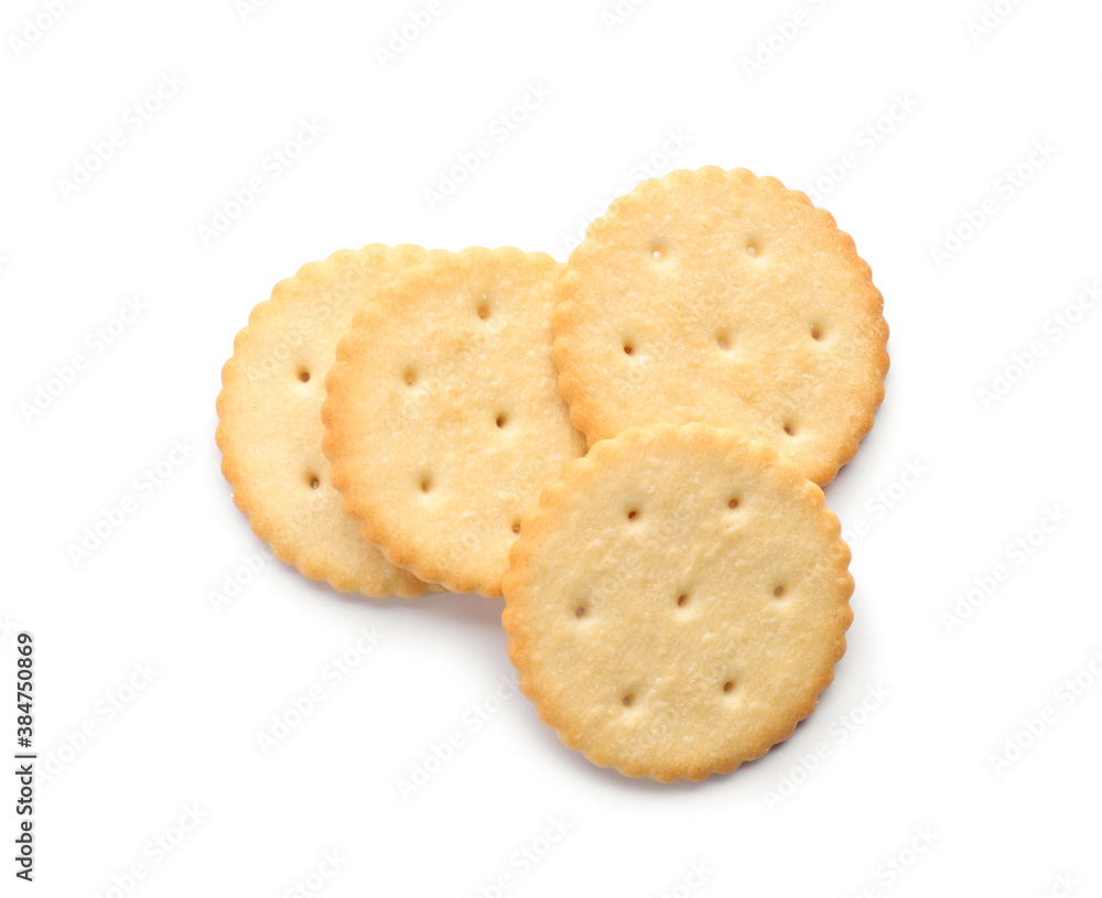 Delicious crispy crackers isolated on white, top view Delicious crispy crackers isolated on white, top view