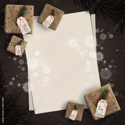 Top view of important day with gift box with christmas tree branches decoration on wood background concept. Empty and blank space with vintage style. Holiday design, decor. Vector illustration.