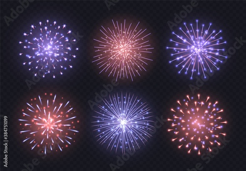 Red-blue fireworks collection, realistic firecracker explosions set isolated on a dark transparent background. Festive Independence Day pyrotechnic show. Vector light effect.