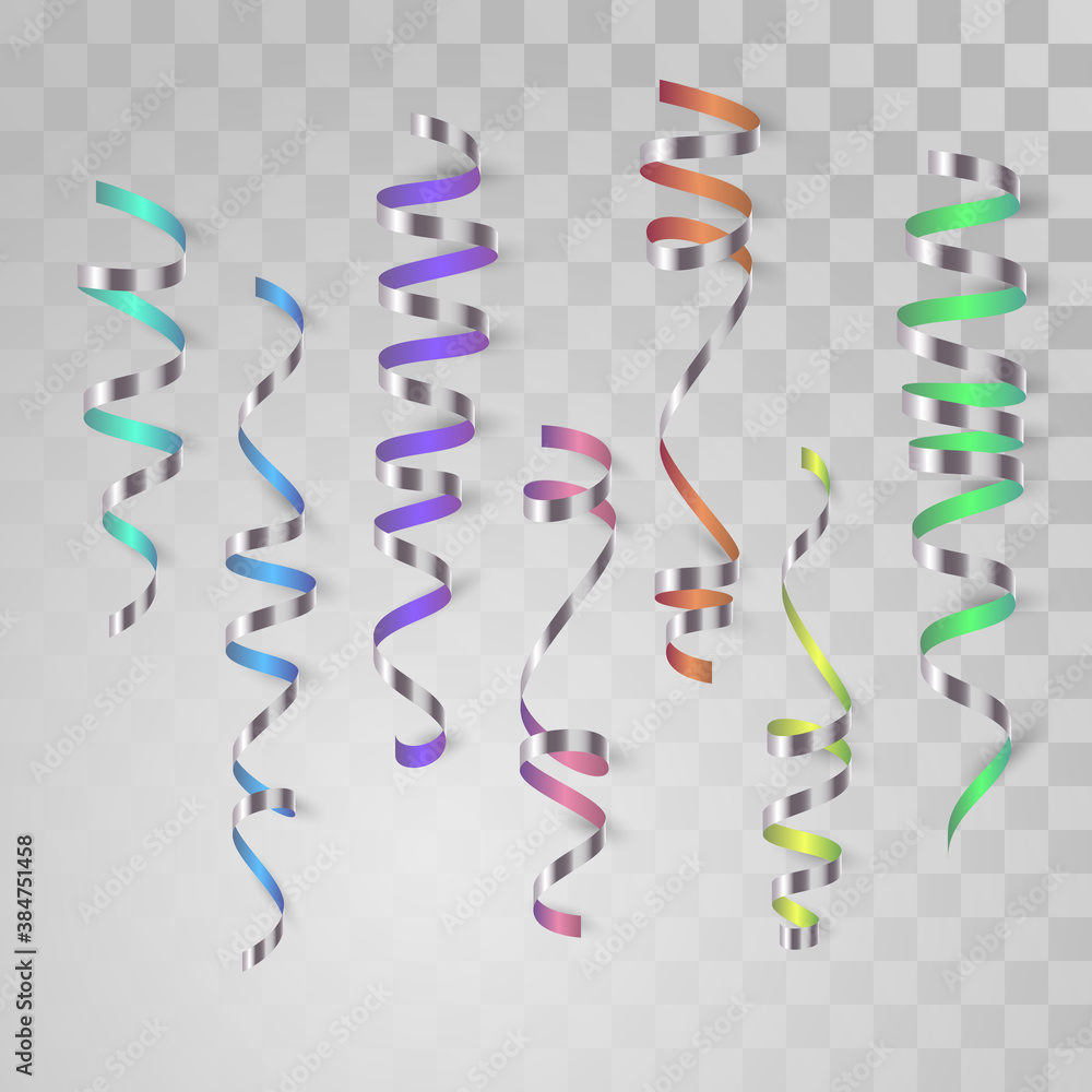 Vector realistic rainbow and silver serpentine, ribbon with shadow on transparent background. Christmas holiday design, decor. Vector illustration. Vector realistic rainbow and silver serpentine, ribbon with shadow on transparent background. Christmas holiday design, decor. Vector illustration.