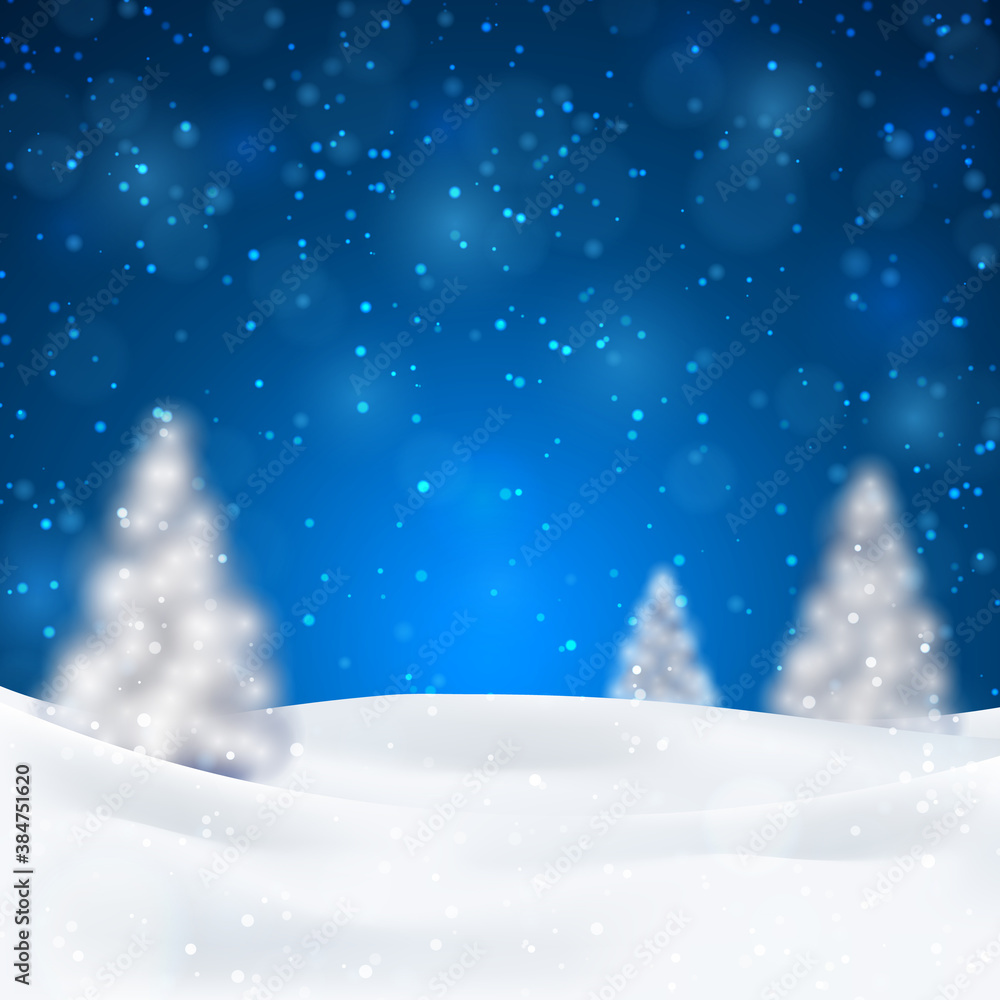 Christmas night background with fir trees and snow, dark blue sky. Vector illustration. Merry Christmas poster. Holiday design, decor. Vector illustration.