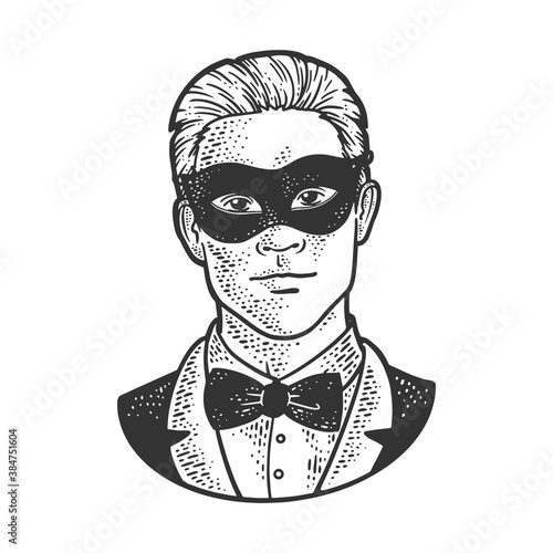 Man in black masquerade mask sketch engraving vector illustration. T-shirt apparel print design. Scratch board imitation. Black and white hand drawn image.