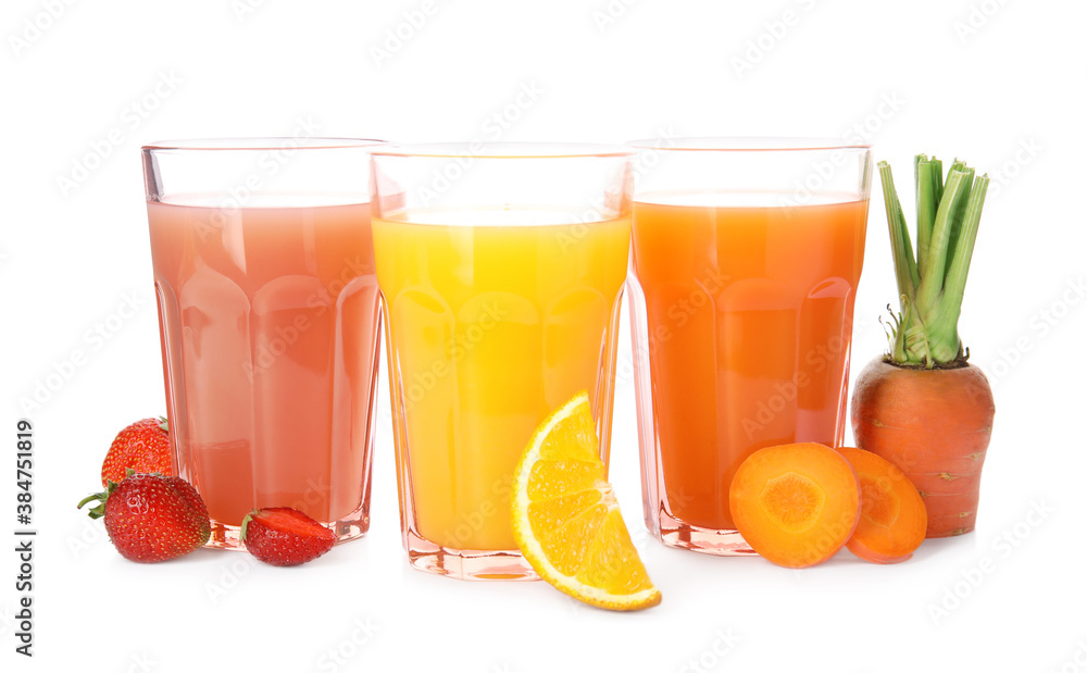 Glasses of delicious juices and fresh fruits on white background Glasses of delicious juices and fresh fruits on white background