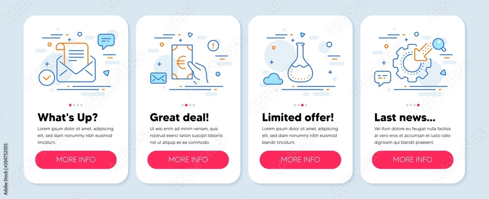 Set of Business icons, such as Chemistry lab, Finance, Mail newsletter symbols. Mobile screen app banners. Seo gear line icons. Laboratory, Eur cash, Open e-mail. Cogwheel. Chemistry lab icons. Vector