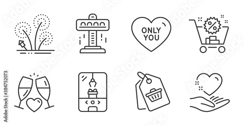 Attraction, Fireworks and Shopping cart line icons set. Wedding glasses, Crane claw machine and Sale tag signs. Hold heart, Only you symbols. Free fall, Pyrotechnic salute, Discount. Vector