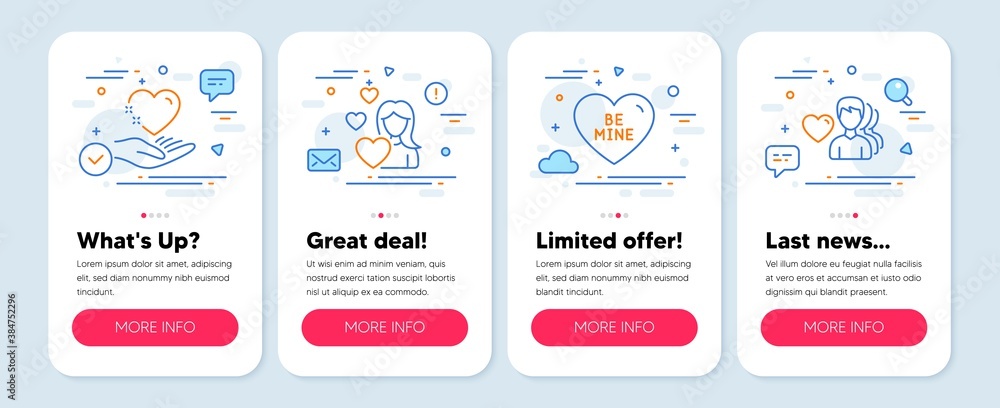 Set of Love icons, such as Love, Hold heart, Be mine symbols. Mobile screen mockup banners. Man love line icons. Romantic people. Love icons. Mobile app carousel. Application banners. Vector Set of Love icons, such as Love, Hold heart, Be mine symbols. Mobile screen mockup banners. Man love line icons. Romantic people. Love icons. Mobile app carousel. Application banners. Vector