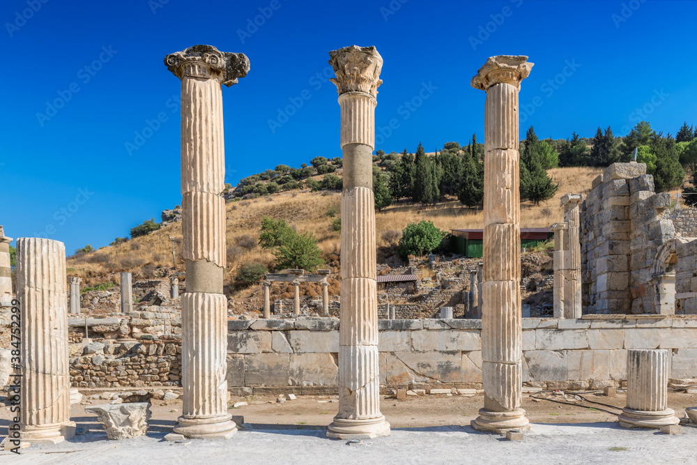 Beautiful pillars in the ruins of Ephesus, Selcuk, Izmir, Turkey