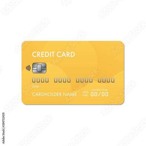 Gold, yellow credit card template icon isolated on white background.