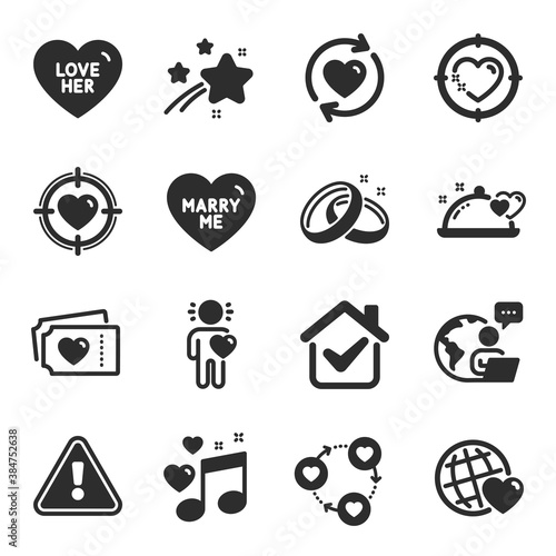 Set of Love icons, such as Love music, Love tickets, Friend symbols. Heart target, Friends community, Romantic dinner signs. Wedding rings, Marry me, Friends world. Valentine target. Vector