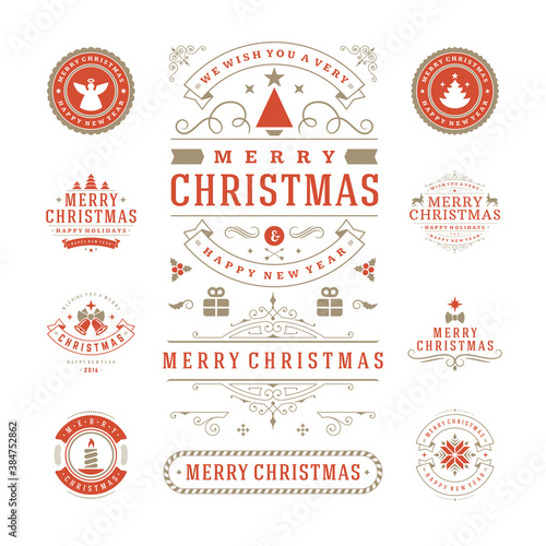 Christmas vector typography ornate labels and badges with happy new year and winter holidays wishes