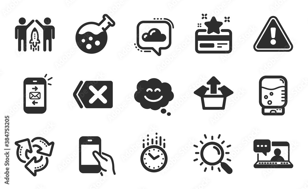 Partnership, Remove and Cloud communication icons simple set. Send box, Mail and Smile chat signs. Recycle, Loyalty card and Friends chat symbols. Search, Hold smartphone and Time. Vector