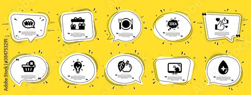 Business icons set. Speech bubble offer banners. Yellow coupon badge. Included icon as Idea, Apple, Delete order signs. Oil serum, Energy, Restaurant food symbols. Vector