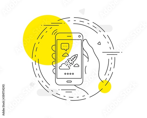 Startup rocket line icon. Mobile phone vector button. Launch Project sign. Innovation symbol. Startup rocket line icon. Abstract concept badge. Vector