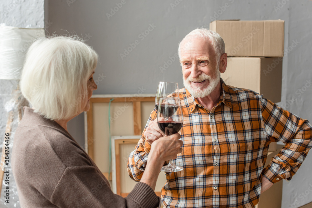 smiling senior couple clinking glasses of wine, moving concept smiling senior couple clinking glasses of wine, moving concept