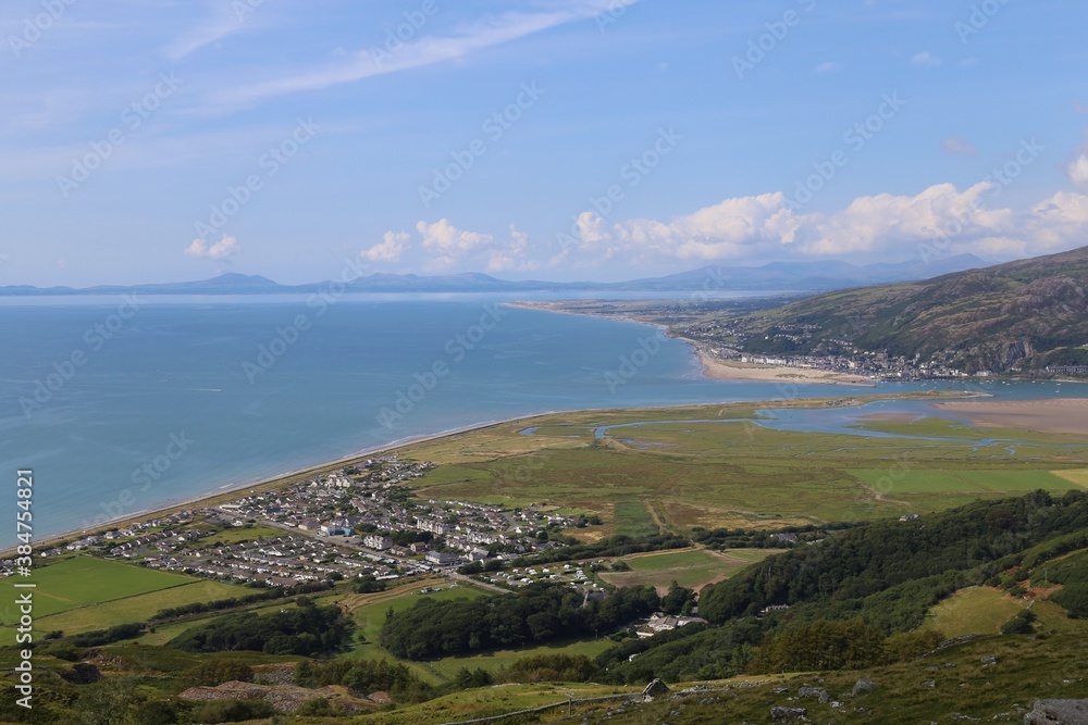 A view from a high vantage point over Fairbourne, Barmouth and Cardigan Bay, Gwynedd, Wales, UK.