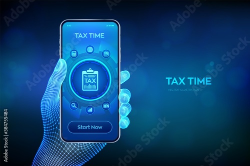 Concept tax payment. Data analysis, financial research report and calculation of tax return. Payment of debt. Government, state taxes. Robotic hand touching digital interface. Vector illustration.