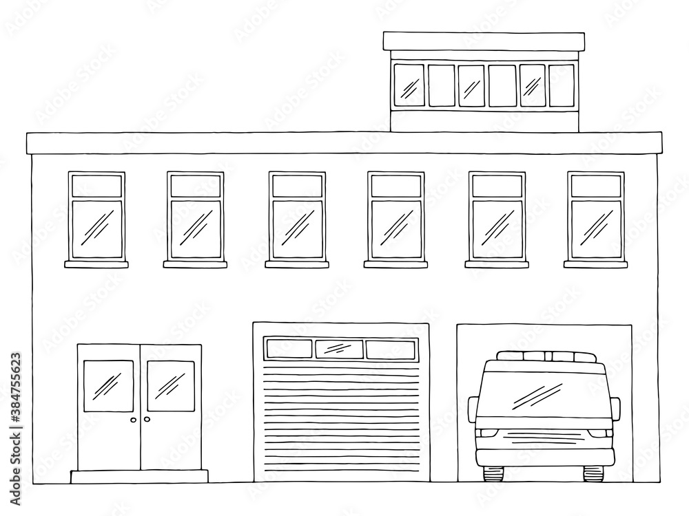 Fire station exterior building front view graphic black white isolated sketch illustration vector