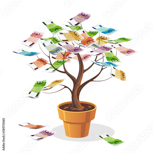 Colorful cash banknotes tree in ceramic pot. Isolated object on a white background. Illustration of money.  