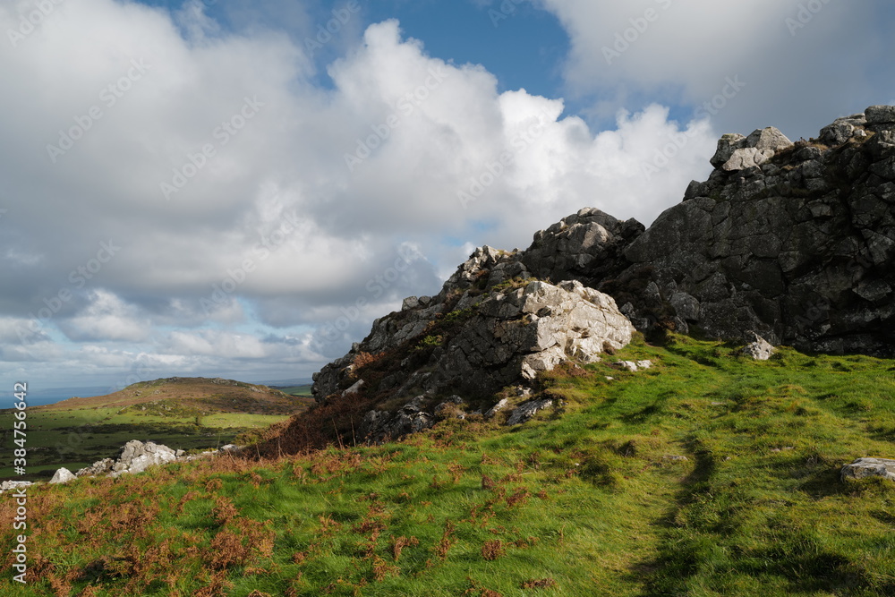 View from Garn Fechan showing the rugged rocks of this ancient hillside iron age fort