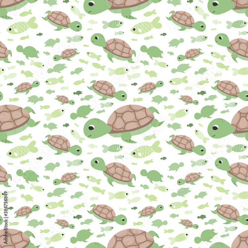 Cute turtle pattern with fishes on white background for childish wallpaper or wrapping paper, fabric printing, colourful vector graphic