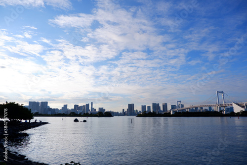 urban blue sky and sea with sunset, 都心を望む海と空、夕焼け