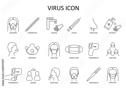 Linear vector icon: medical face mask; respirator; cough; thermometer; distance; washing hands; runny nose; caccine; antiseptic.  Antiviral drawing. Illustration on the theme of coronavirus.