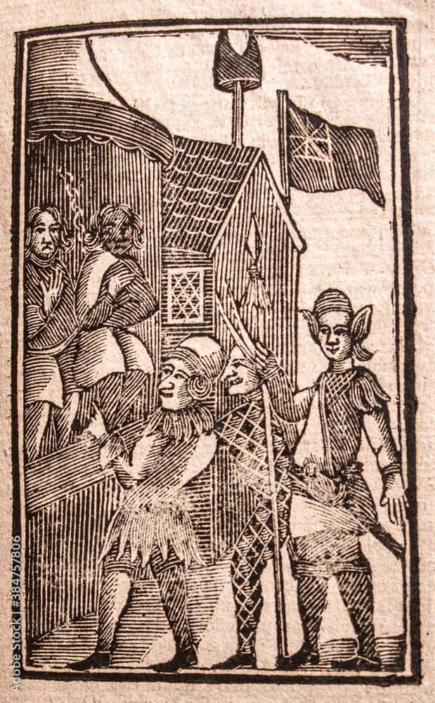 Bunyan's famous allegorical work 'Pilgrim's Progress' first printed in 1678. This edition printed around 100 years later with primitive woodcuts.  - obrazy, fototapety, plakaty 