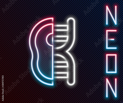 Glowing neon line Genetically modified meat icon isolated on black background. Syringe being injected to meat. Colorful outline concept. Vector.