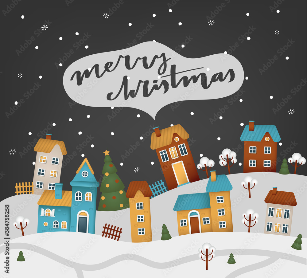 Snow covered little town. Merry Christmas vector illustration.