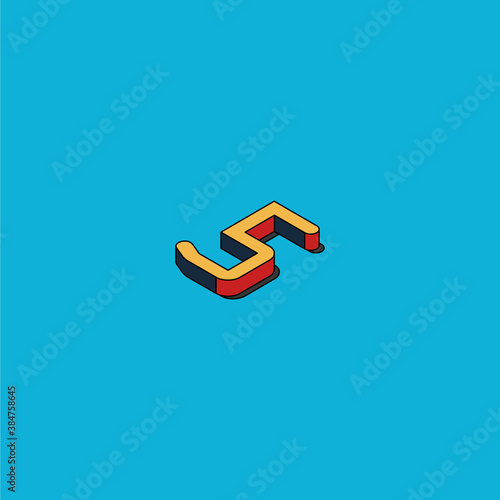 Concept of be the fifth one, fifth birthday, fifth place, losing. Isometric illustration of the number five. Image with a cartoon style. Red, yellow and blue colors. Light blue background. Isolated