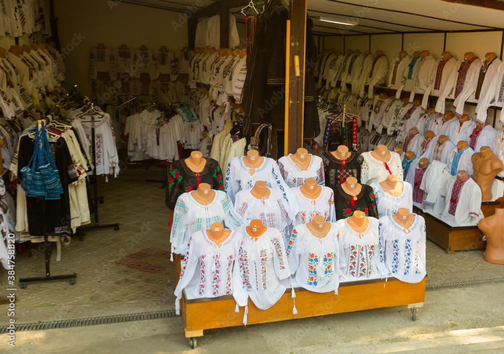 Romanian national embroidered clothing in tourist markets of Bukovina.
