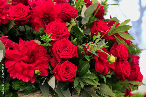 Big bouquet of scarlet roses and dahlias with emerald branches of bay tree. Close up of floral wedding decoration. Natural fresh floristic composition. intensive contrast colours plants. 