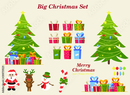big Christmas set (Christmas tree, gifts, Santa Claus, deer, snowman, candy, inscription, new year)
