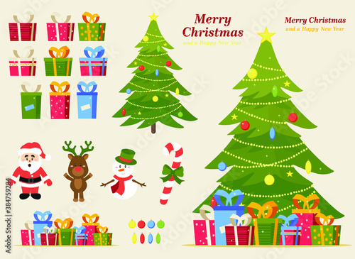 big Christmas set (Christmas tree, gifts, Santa Claus, deer, snowman, candy, inscription, new year)