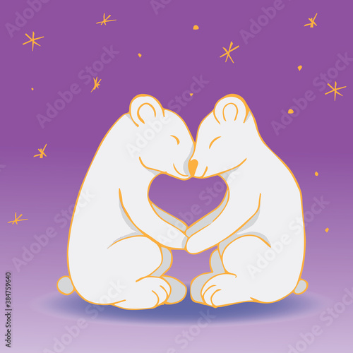 Polar bears hold their paws against the background of the starry sky. Loving couple holding hands. Hand drawing. Romantic vector illustration. Doodle style.