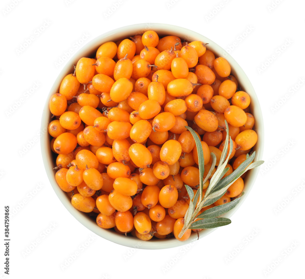 Fresh ripe sea buckthorn berries in bowl isolated on white, top view Fresh ripe sea buckthorn berries in bowl isolated on white, top view