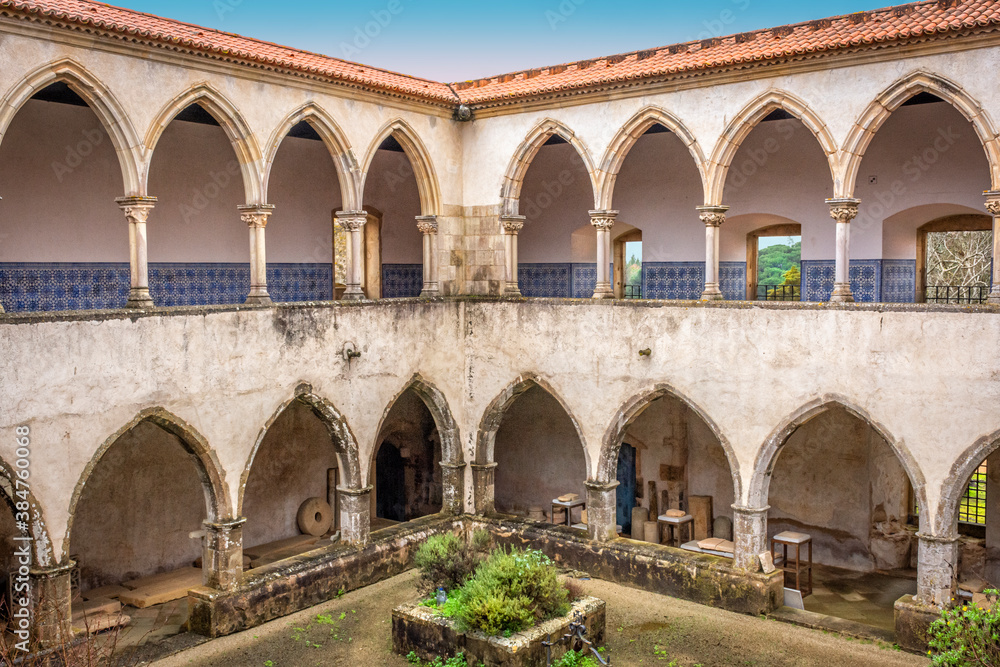 Two Level Of Cloisters, Including Columns, Arches And Courtyard. Templar Castle/Convent Of Christ, Tomar, Portugal.