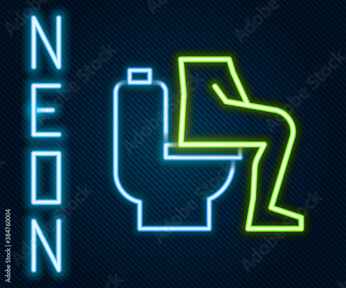 Glowing neon line Men sitting on the toilet and Constipation are experiencing severe abdominal pain icon isolated on black background. Colorful outline concept. Vector.